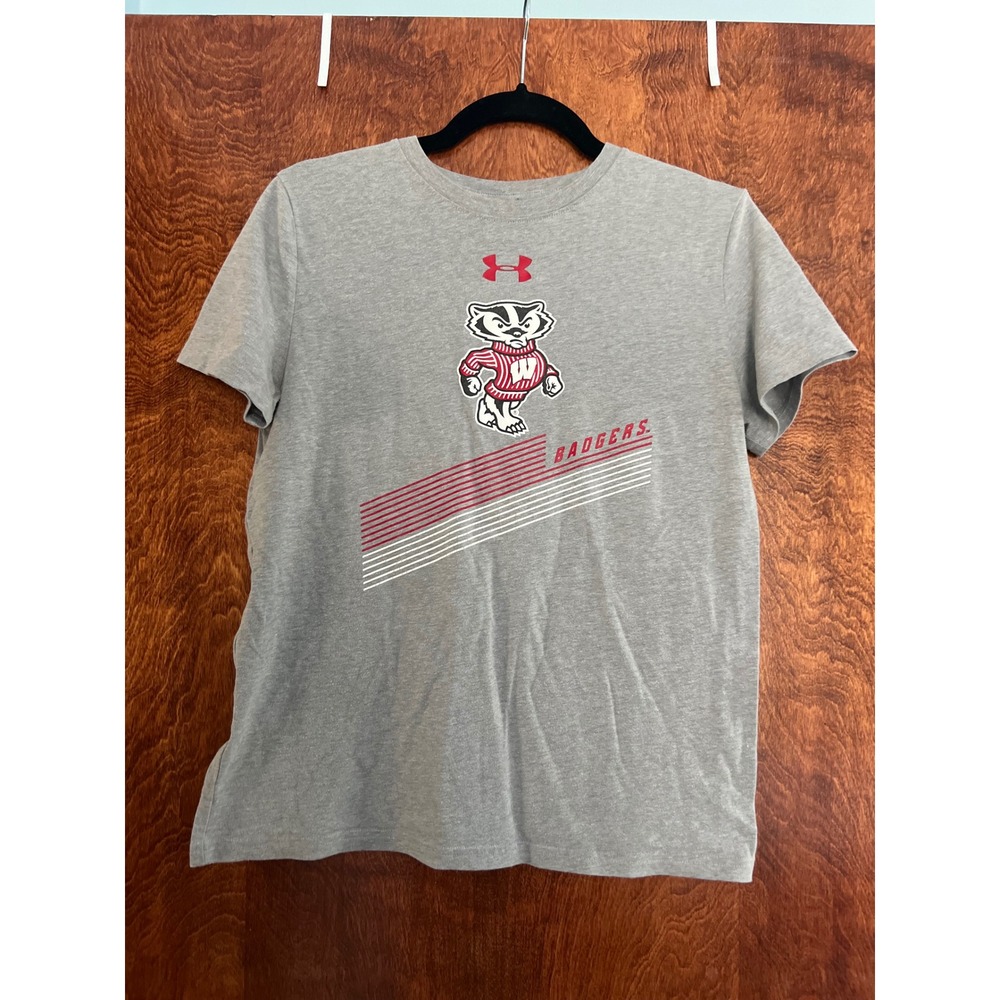 Under Armour T-Shirt Kids Youth XL Gray Wisconsin‎ Badgers Bucky HeatGear